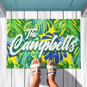 Paillasson Nom Tropical Vert Bleu Jaune Monstera Feuilles