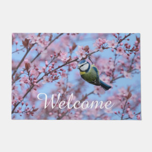 Paillasson Oiseau bleu Tit en fleurs de cerisier japonais ros