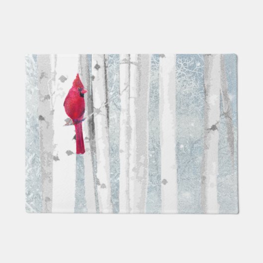 Paillasson Oiseau cardinal rouge dans un magnifique Birch Tre (Devant)