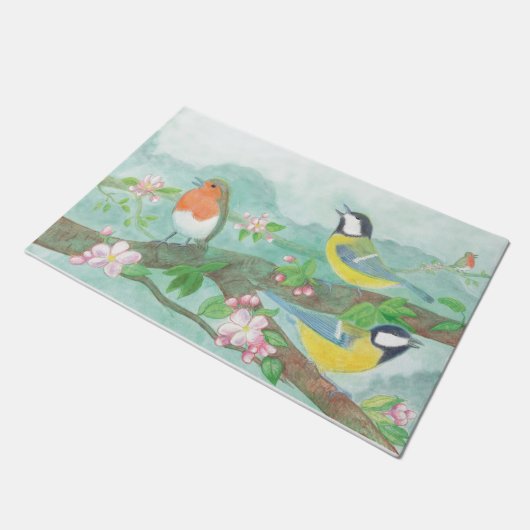 Paillasson Oiseaux chantant sur une branche d'arbre en fleurs (Incliné)