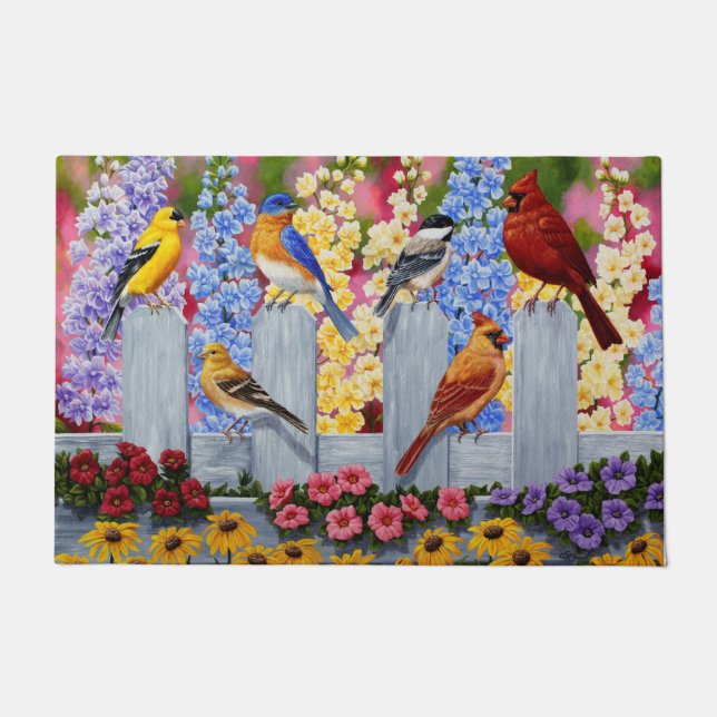 Paillasson Oiseaux de printemps colorés Jardin Fête (Devant)