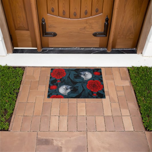 Paillasson Oiseaux et fleurs de pivoines rouges avec feuilles (De plein air)