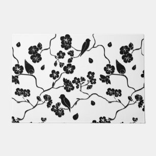 Paillasson Oiseaux Motifs noirs et blancs sur les fleurs de c