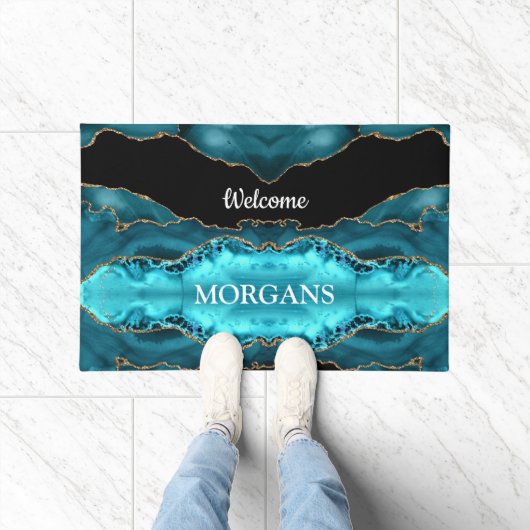 Paillasson Or noir & Agate Turquoise, Monogramme blanc & Nom (Intérieur)