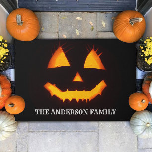 Paillasson Orange Citrouille Face Nom de famille personnalisé
