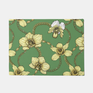 Paillasson Orchidées et chaînes, jaune et vert kelly