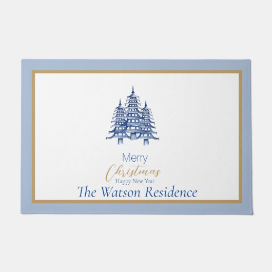 Paillasson Pagode bleue poussiéreuse Noël Arbres Porte Mat (Devant)