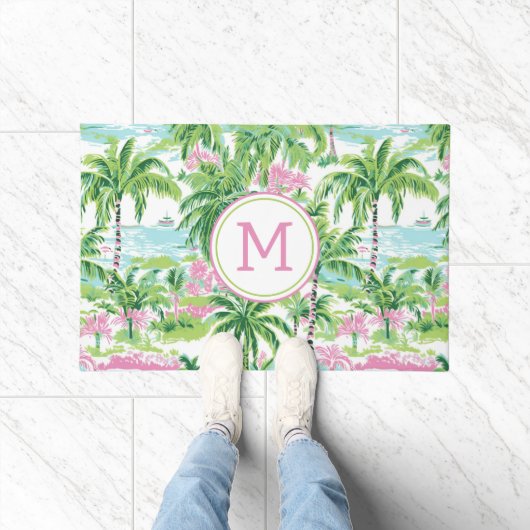 Paillasson Palmiers tropicaux rose et vert de Preppy Monogram (Intérieur)