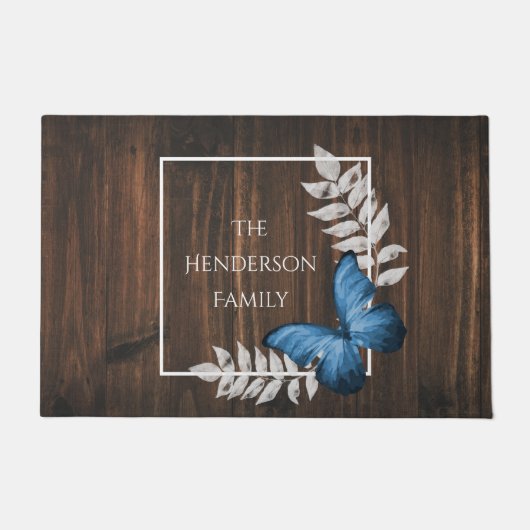 Paillasson Papillon bleu rustique mat personnalisé (Devant)