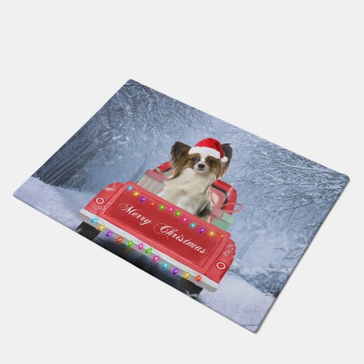 Paillasson Papillon Chien en neige assis sur le camion de Noë (Incliné)