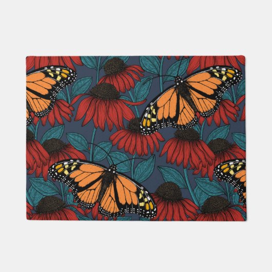 Paillasson Papillon monarque sur des fleurs rouges (Devant)