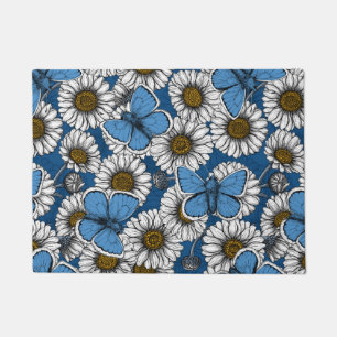 Paillasson Papillons bleus communs et fleurs marguerites