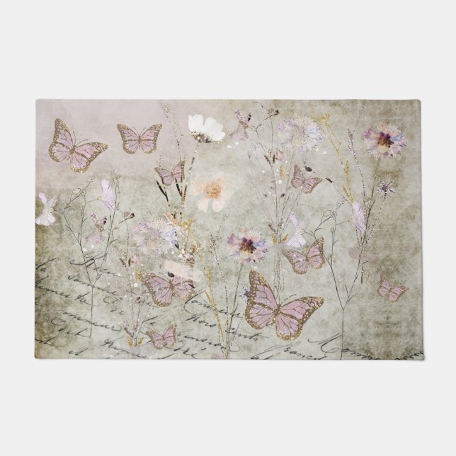 Paillasson Papillons vintages et fleurs séchées (Devant)