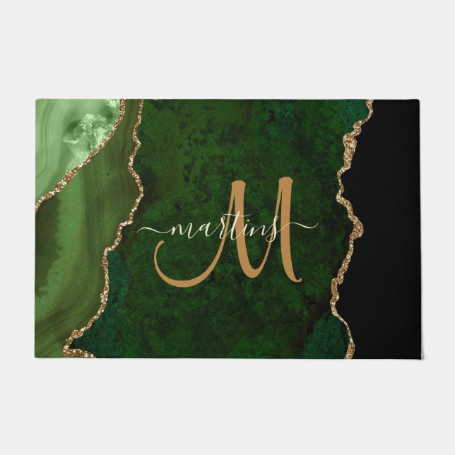 Paillasson Parties scintillant d'or vert chic Agate Monogramm (Devant)