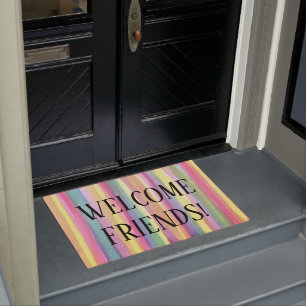 Paillasson Pastel Rainbow Stripes Bienvenue Amis Porte Mat