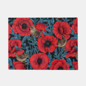 Paillasson Pavot rouge et brunes, feuilles bleus sur noir (Devant)