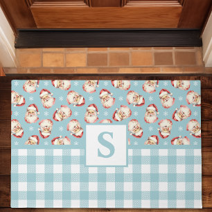 Paillasson Père Noël Vintage Gingham Bleu Monogrammé Noël