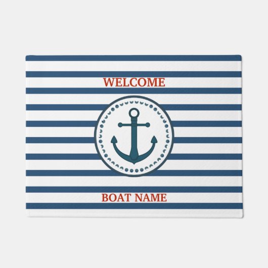 Paillasson Personalize Nautical Blue Welcome Boat Name Stripe (Devant)