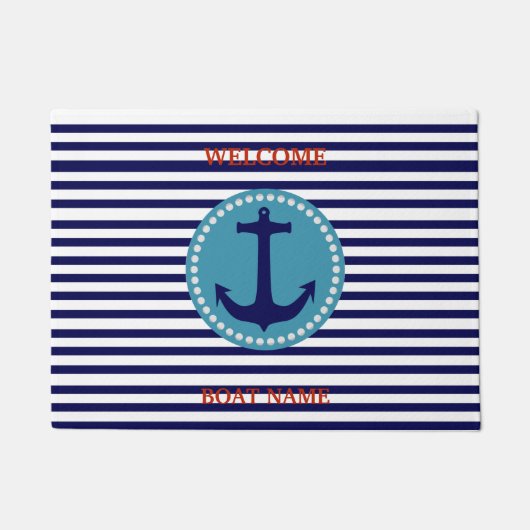 Paillasson Personalize Nautical Blue Welcome Boat Name Stripe (Devant)
