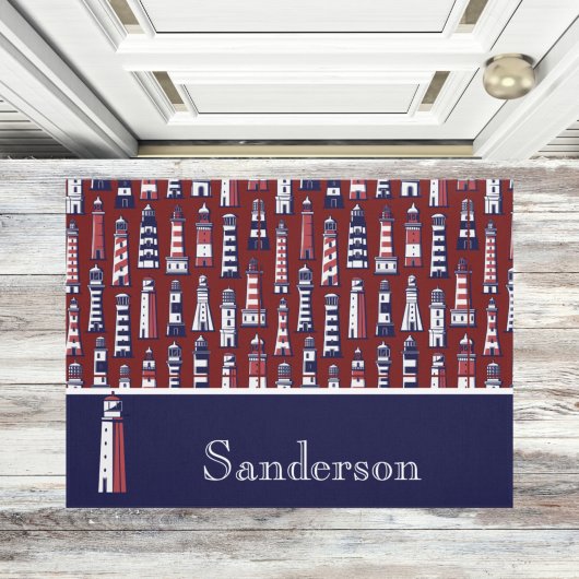 Paillasson Phare rayé Nautique Marine bleu gris rouge