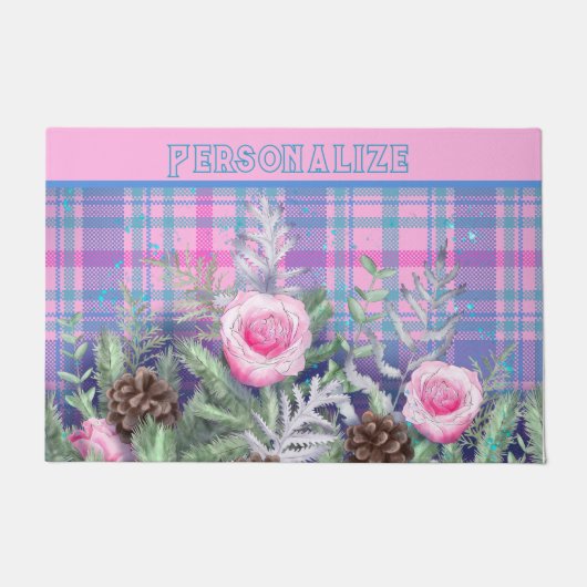 Paillasson Pin rose Pin Cône Rose Bleu Plaid (Devant)