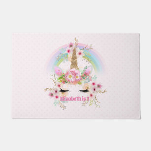 Paillasson Pink Gold UNICORN Fleurs arc-en-ciel Filles NOMMÉE