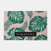 Paillasson Pink & Green Palm Feuille Motif & nom (Devant)