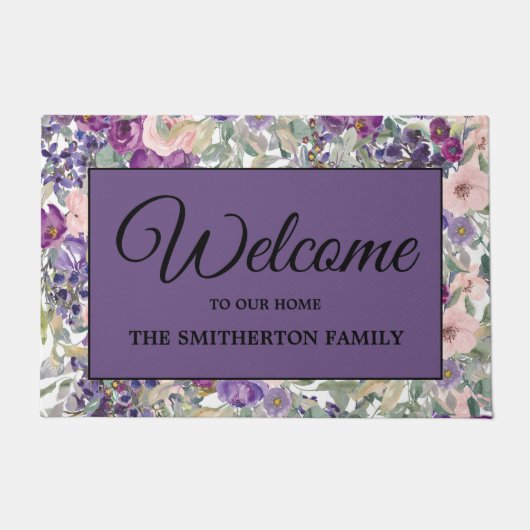 Paillasson Pink Purple Floral Welcome Nom de famille (Devant)