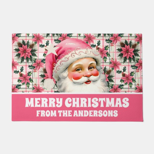 Paillasson Pink Retro Santa Claus Noël Floral Plaid (Devant)