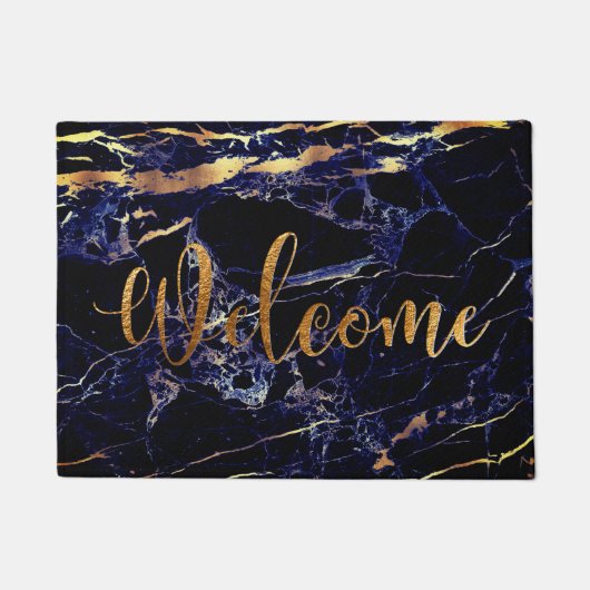 Paillasson PixDezines BLUE MARBLE FAUX GOLD VEINS, WELCOME (Devant)