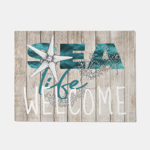 Paillasson Plage bois bleu mer typographie bienvenue