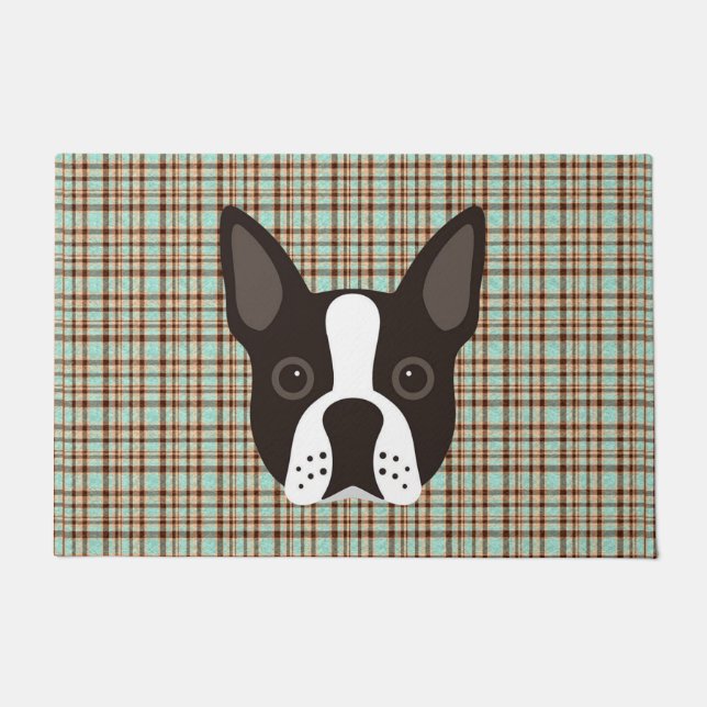 Paillasson Plaid de tartan de chiot de Boston Terrier (Devant)