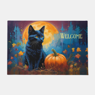 Paillasson Pleine lune Citrouille de Kitten noir Feuilles d'a
