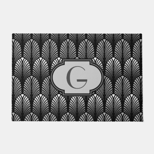 Paillasson Plume stylisée d'art déco, gris argenté et noir (Devant)