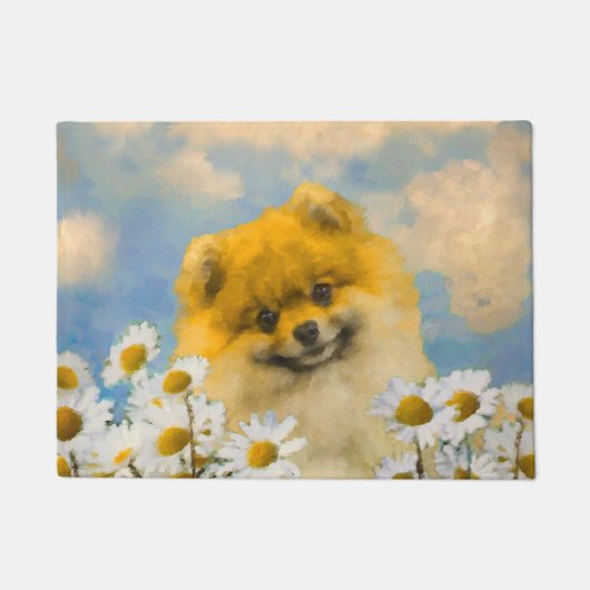 Paillasson Pomeranian dans les marguerites peignant - art (Devant)
