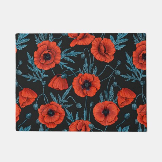 Paillasson Poppies, rouge et bleu sur noir (Devant)