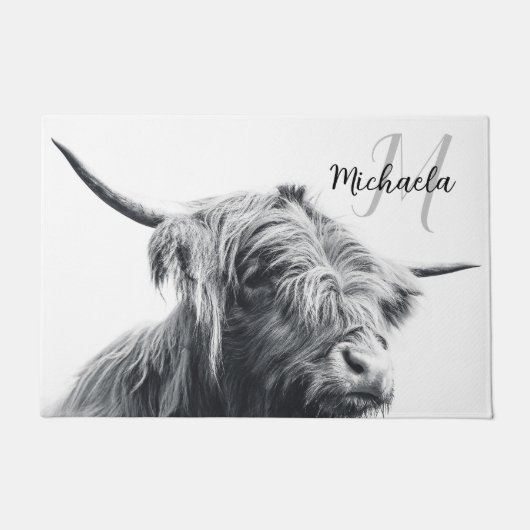 Paillasson Portrait de vache Highland premier monogramme noir (Devant)