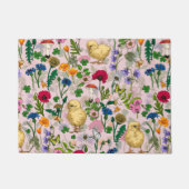 Paillasson Poulets et fleurs sauvages sur coton bonbon rose (Devant)