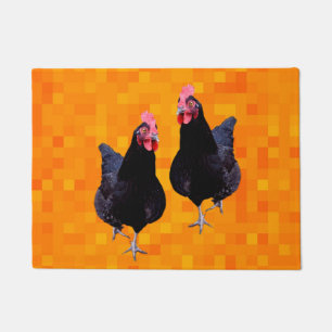 Paillasson Poulets Noirs Sur La Mosaïque Orange,