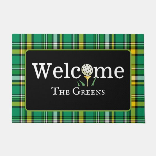 Paillasson Preppy Green et Gold Plaid Golf Welcome Entrée (Devant)