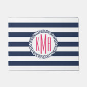 Paillasson Preppy Nautical Navy & White Stripe Pink Monogramm (Devant)