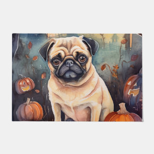 Paillasson Pug d'Halloween avec citrouilles effrayant