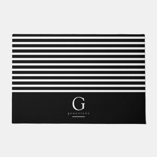 Paillasson Rayures modernes Chic Monogramme Noir Blanc (Devant)