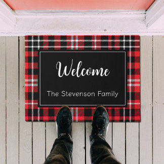 Paillasson Red Plaid Welcome Monogramme Nom de famille
