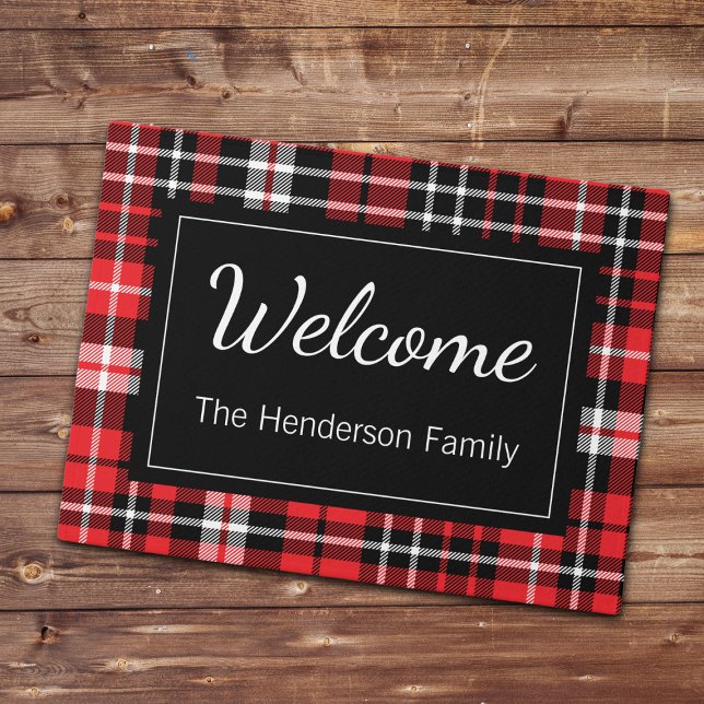 Paillasson Red Plaid Welcome Monogramme Nom de famille Doorma (Créateur téléchargé)