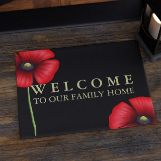 Paillasson Red Poppy Floral Nom de famille Black Doormat