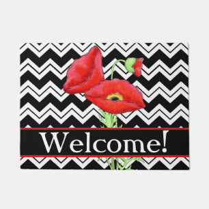 Paillasson Red Poppy Welcome Black White Chevron ZigZag