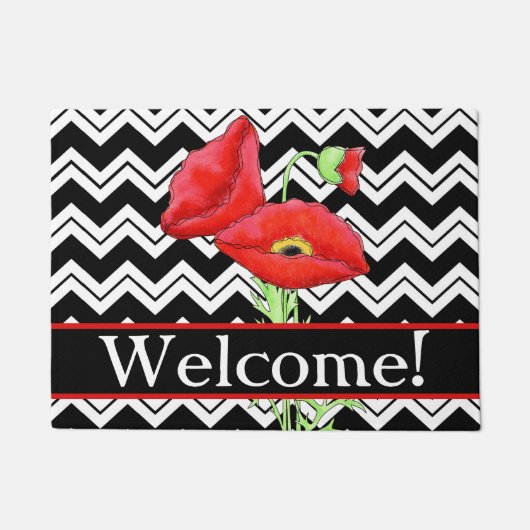 Paillasson Red Poppy Welcome Black White Chevron ZigZag (Devant)
