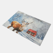 Paillasson Red Winter Woodland Cabine avec Deer Joyeux Noël (Incliné)