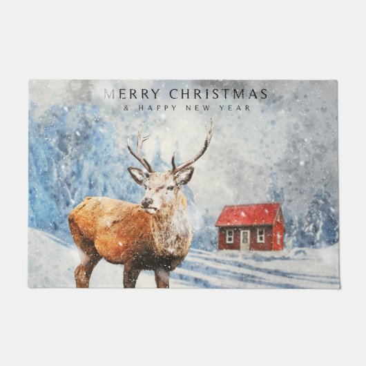 Paillasson Red Winter Woodland Cabine avec Deer Joyeux Noël (Devant)